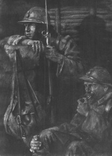 'Les Guetteurs; on ne fume pas au poste d'ecoute, mais il est permis de macher sa pipe..., 1916. Creator: Lucien Jonas.