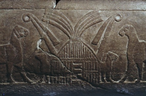 Sumerian reed house. Detail of the Uruk Trough, 3300-3000 BC. Creator: Sumerian culture.