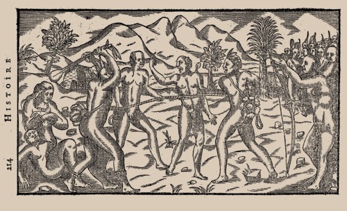 Brazilian Indian warriors taking a prisoner. From "Histoire d'un voyage fait en la terre du Brésil"  Creator: Bry, Theodor de (1528-1598).
