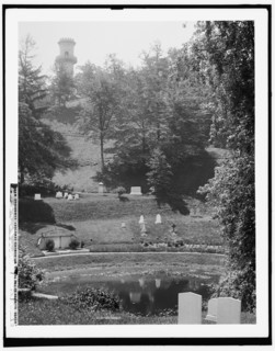 A Glimpse of the tower, Mt. Auburn Cemetery, Cambridge, Mass., between 1890 and 1901. Creator: Unknown.