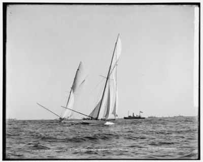 Columbia crossing the line, Shamrock I astern, 1899 Oct 7. Creator: Unknown.