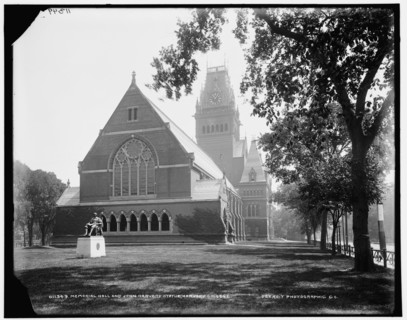 Memorial Hall and John Harvard Statue, Harvard College, between 1890 and 1899. Creator: Unknown.