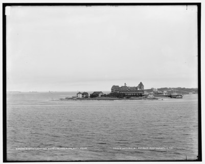 Boston Light and Hotel Pemberton from Paddock's Island, Hull, Mass., c1901. Creator: Unknown.