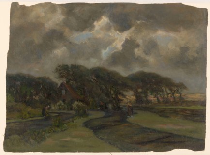 Landscape with cottage, trees and women mending fishing nets, 1872-1944.  Creator: Frans Smissaert.