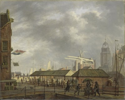 The small Fish Market on the Corner of the Brouwersgracht and Singel, Amsterdam, 1826. Creator: Johannes Jelgerhuis.
