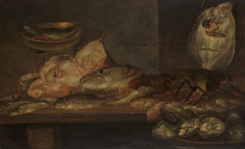 Still Life with Fish and a Lobster and Oysters on a Table nearby, 1660. Creator: Alexander Adriaenssen.