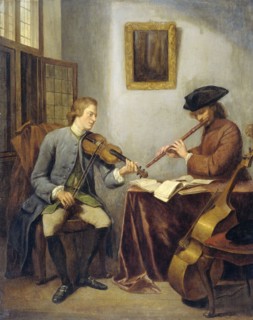 A Violinist and a Flutist Playing Music together (The Musicians), 1755. Creator: Julius Quinkhard.