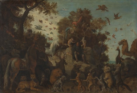 The poet crowned by two apes at the feast of the animals, 1623. Creator: Workshop of Roelant Savery.