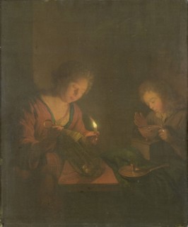 Fire and Light (A Girl Places a Candle in a Lantern and a Boy Blows on the Coals..., 1690-1706. Creator: Godfried Schalcken.