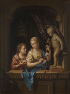 Two Girls with Flowers by a Statue of Cupid, 1713. Creator: Pieter van der Werff.
