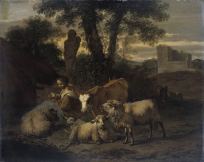 Italian Landscape with Shepherdess and Flocks, 1708. Creator: Simon van der Does.