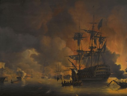 The fire on the Wharves of Algiers, shortly after the commencement of the Bombardment by the Anglo-D Creator: Nicolaus Baur.