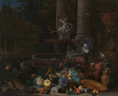 Still Life with Vegetables before a Draped, Overturned Plinth by an Ornamental Fountain, 1680-1690. Creator: Peeter Gysels.