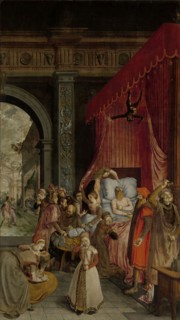 Deathbed of the Rich Man, with a Devil Descending to Retrieve the Deceased's Soul, c.1550-c.1574. Creator: Anon.