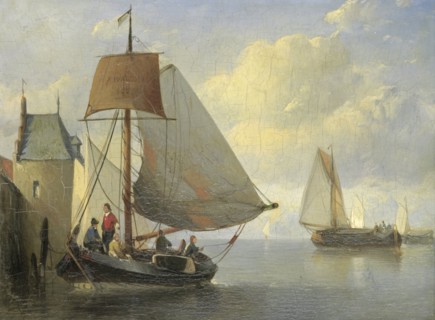 River view with a rampart tower inspired by the Camperveerse tower in Veere, 1855.  Creator: Antonie Waldorp.