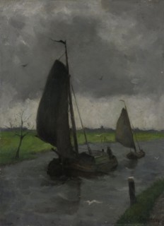 Watercourse with Sail Barges, 1885-1912. Creator: Johann Eduard Karsen.