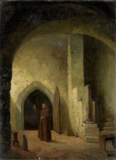 A monk in a cellar, holding a glass, 1800-1900.  Creator: F. Taupel.