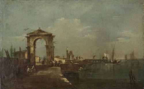 Landscape with a Quay and Ships on a Lake, 1760-1780. Creator: Francesco Guardi.