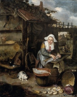 A Housewife in an inner Courtyard Cleaning Fish, 1639-1649. Creator: Hendrik Potuyl.