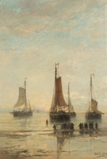 Bluff-Bowed Scheveningen Boats at Anchor, 1860-1889. Creator: Hendrik Willem Mesdag.