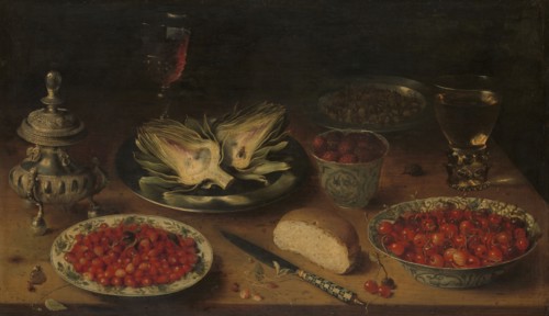 Still Life with Artichoke, Fruit in Kraak Porcelain Ware, a Salt Cellar/Pepper Castor, c.1605-c.1615 Creator: Osias Beert the Elder.