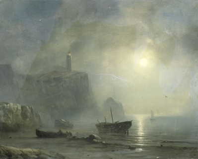 View of a Rocky Coast by Moonlight, 1830-1880. Creator: Theodore Gudin.