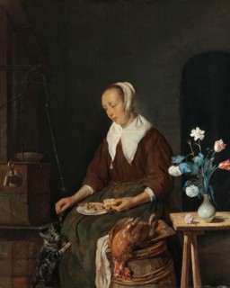 Woman Eating, Known as ‘The Cat’s Breakfast’, c.1661-c.1664. Creator: Gabriel Metsu.