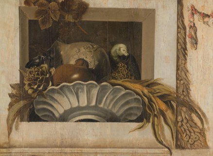 Still Life with a Bowl of Corn, Artichokes, Grapes and a Parrot, 1645-1650. Creator: Jacob van Campen.