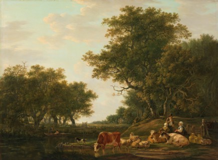 Landscape with Peasants with their Cattle and Anglers on the Water, 1800-1810. Creator: Jacob van Strij.