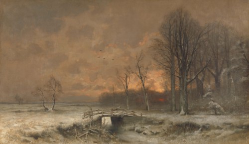 Winter Scene with the Sun Setting Behind Trees, 1880-1930. Creator: Louis Apol.
