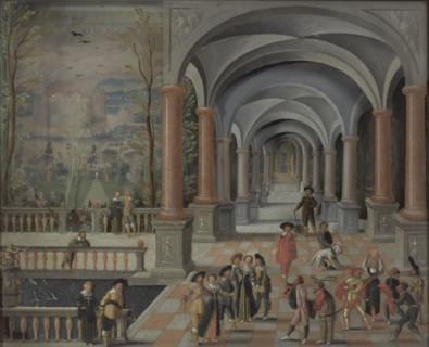 Festive Gathering and Figures from a Commedia dell'Arte in a Gallery, 1634. Creator: Monogrammist DB.