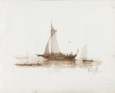 Sailing ship with figures on the water, 1830-1860. Creator: Albertus van Beest.
