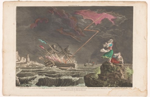 View of a ship struck by lightning at sea, 1700-1799. Creator: Unknown.