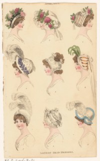 Magazine of Female Fashions of London and Paris, April 1800, London Head Dresses, 1800. Creator: Unknown.