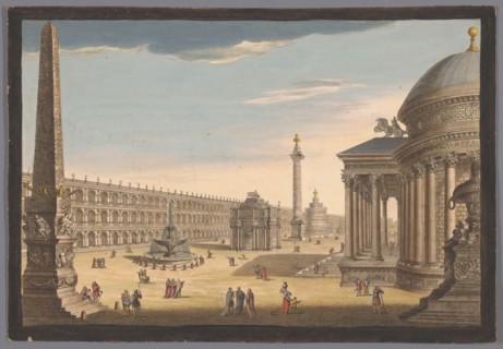 View of an obelisk, a triumphal arch, a column and other structures in Rome, 1756. Creator: Unknown.