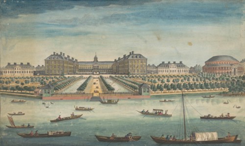 View of the Royal Hospital Chelsea and the Rotunda in London's Ranelagh Gardens, 1751. Creator: Thomas Bowles.