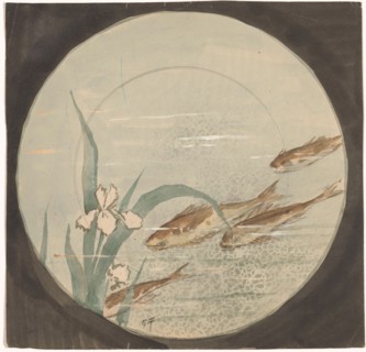 Design for a plate with four brown fish and a white iris, c.1875-c.1890. Creator: Gustave Fraipont.