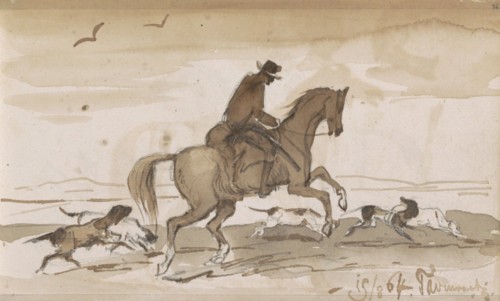 Landscape with a rider and running dogs, 1864. Creator: Johannes Tavenraat.