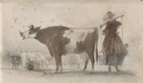 Pasture with cows and a farmer's wife with a yoke, 1864-1880. Creator: Johannes Tavenraat.