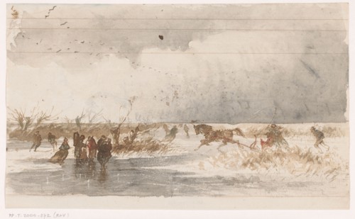 Skaters and horse sleigh on the ice, 1840-1880. Creator: Johannes Tavenraat.