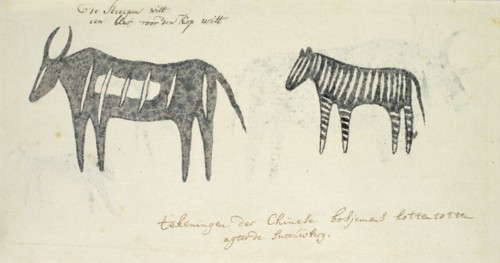 Copies after San rock-paintings of two animals, 1777. Creator: Robert Jacob Gordon.