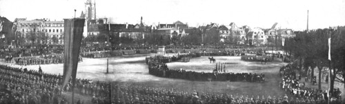 'Notre entrée a Colmar; trois photographies format panorama de la reception du general..., 1918. Creator: Unknown.