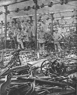 'La Suppression de L'Industrie Francaise; la destruction au Marteau des metiers du tissage..., 1917. Creator: Unknown.
