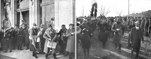 'La Suisse hospitaliere; l'arrivee a Leysin, le 27 janvier 1916, des premiers prisonniers francais.. Creator: Unknown.