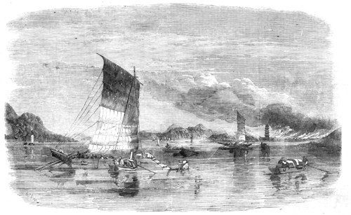 Bombardment of Canton: the Suburbs on Fire - from a sketch by an officer engaged in the..., 1857. Creator: Unknown.