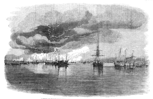 Capture of French Folly Fort - Termination of the Action, and Blowing-up of Junks, 1857. Creator: Unknown.