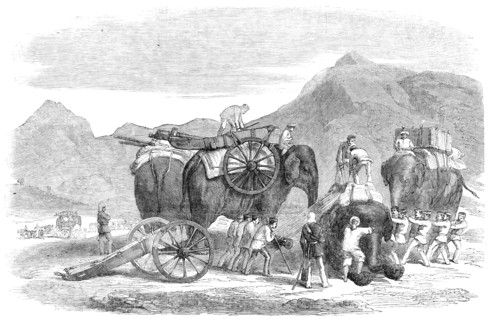 The Pashawur Mountain Train in the line of march, 1857. Creator: Unknown.