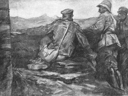 ''Le Terrain de l'offensive; Prisonnier bulgare montrant a deux officiers, un Francais..., 1918. Creator: Unknown.