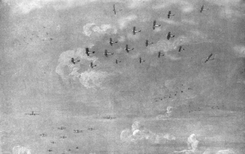 ''Combat Aerien; en escadre; Escadre de bombardement en expedition...,1918. Creator: Etienne Cournault.