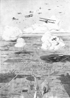 ''Combat Aerien; Un raid de jour; Escadre Francaise sur l'objectif; des usines au d'une...', 1918. Creator: Etienne Cournault.